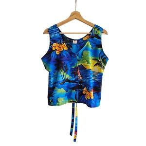 Rima Beach Wear Carribean Tropical Print Blue Button Down Sleeveless Top XL
